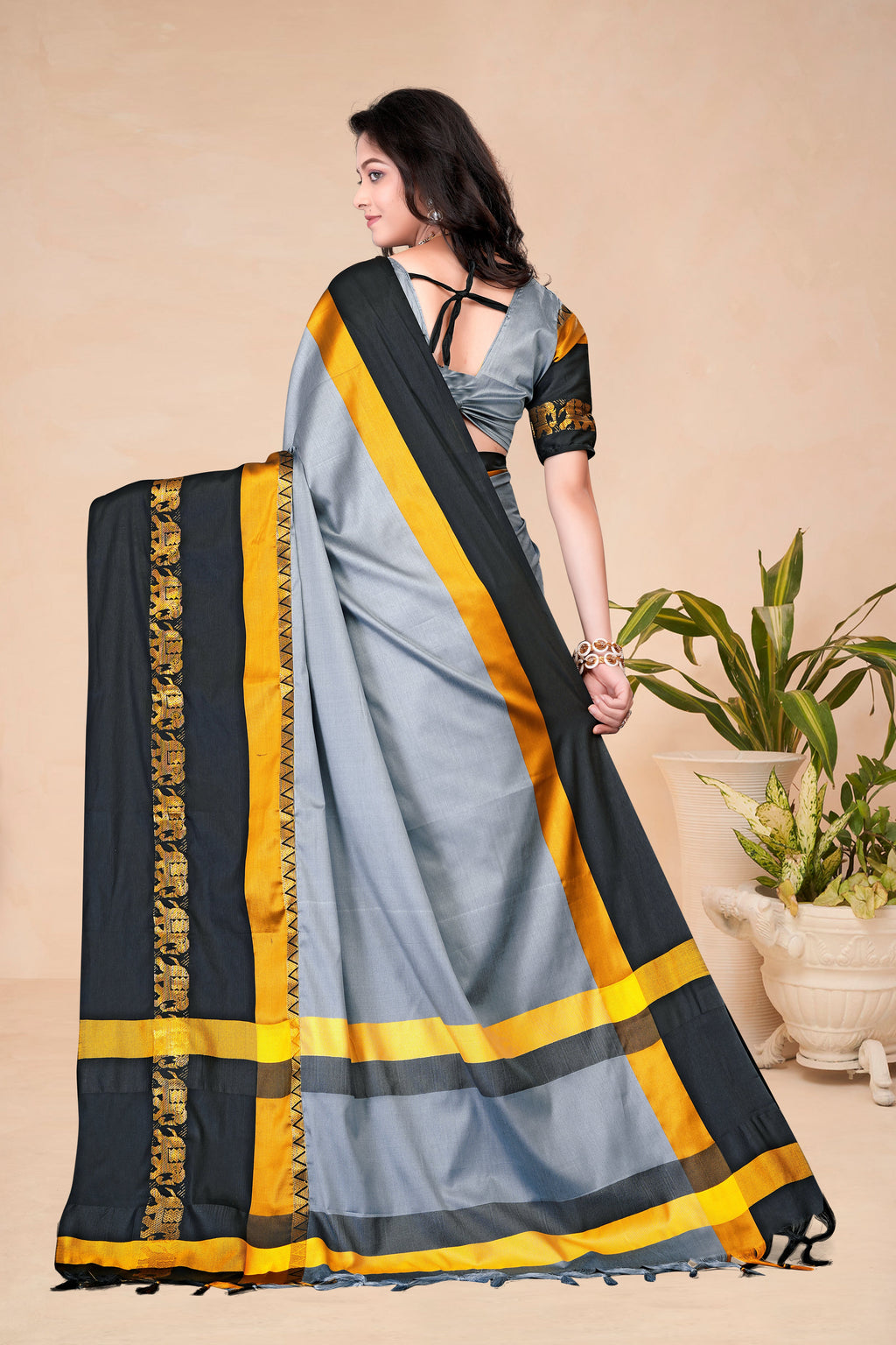 Steel Grey & Black Hathi Design (Elephant) Cotton Silk Saree