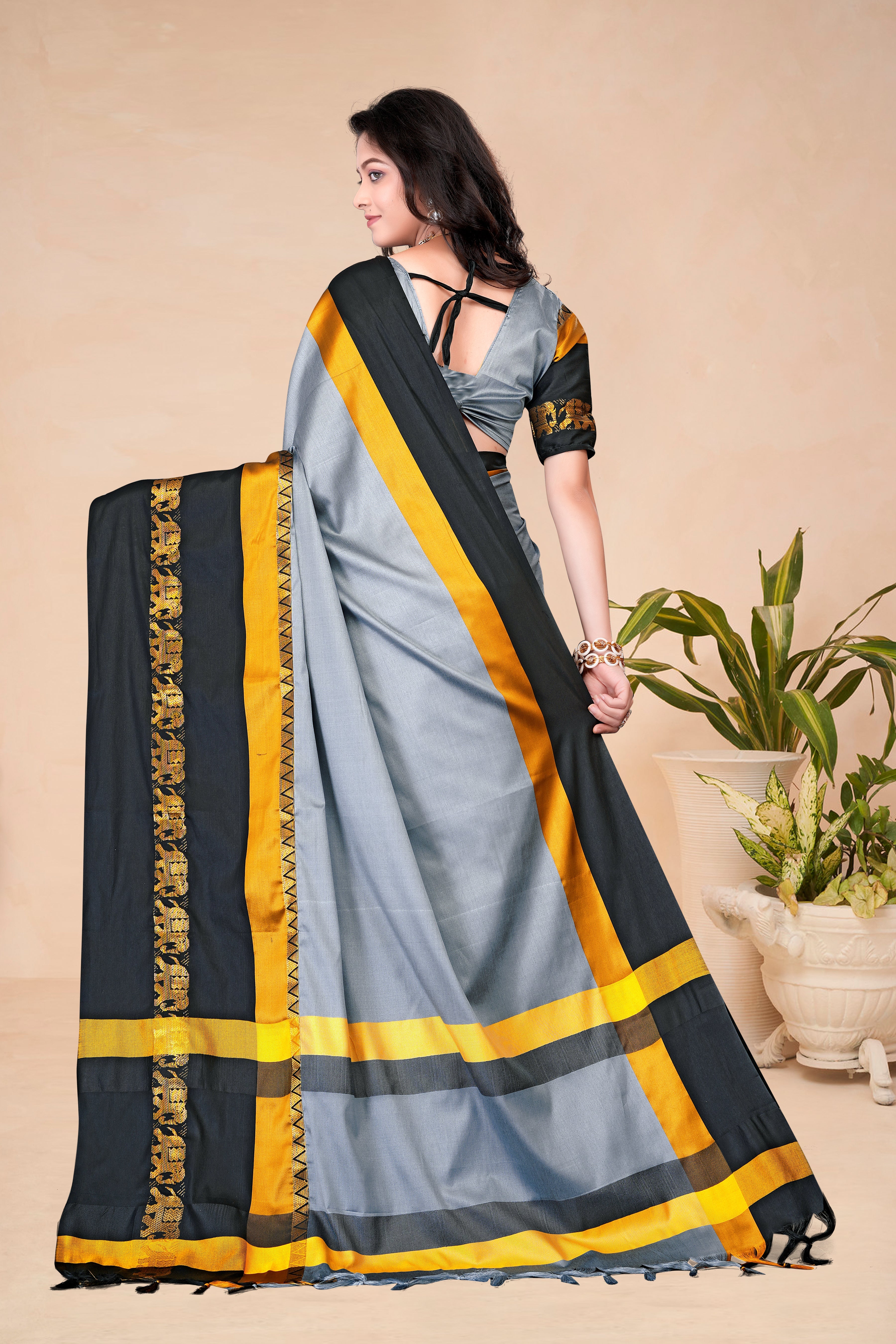 Steel Grey & Black Hathi Design (Elephant) Cotton Silk Saree