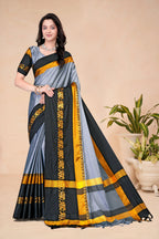 Steel Grey & Black Hathi Design (Elephant) Cotton Silk Saree