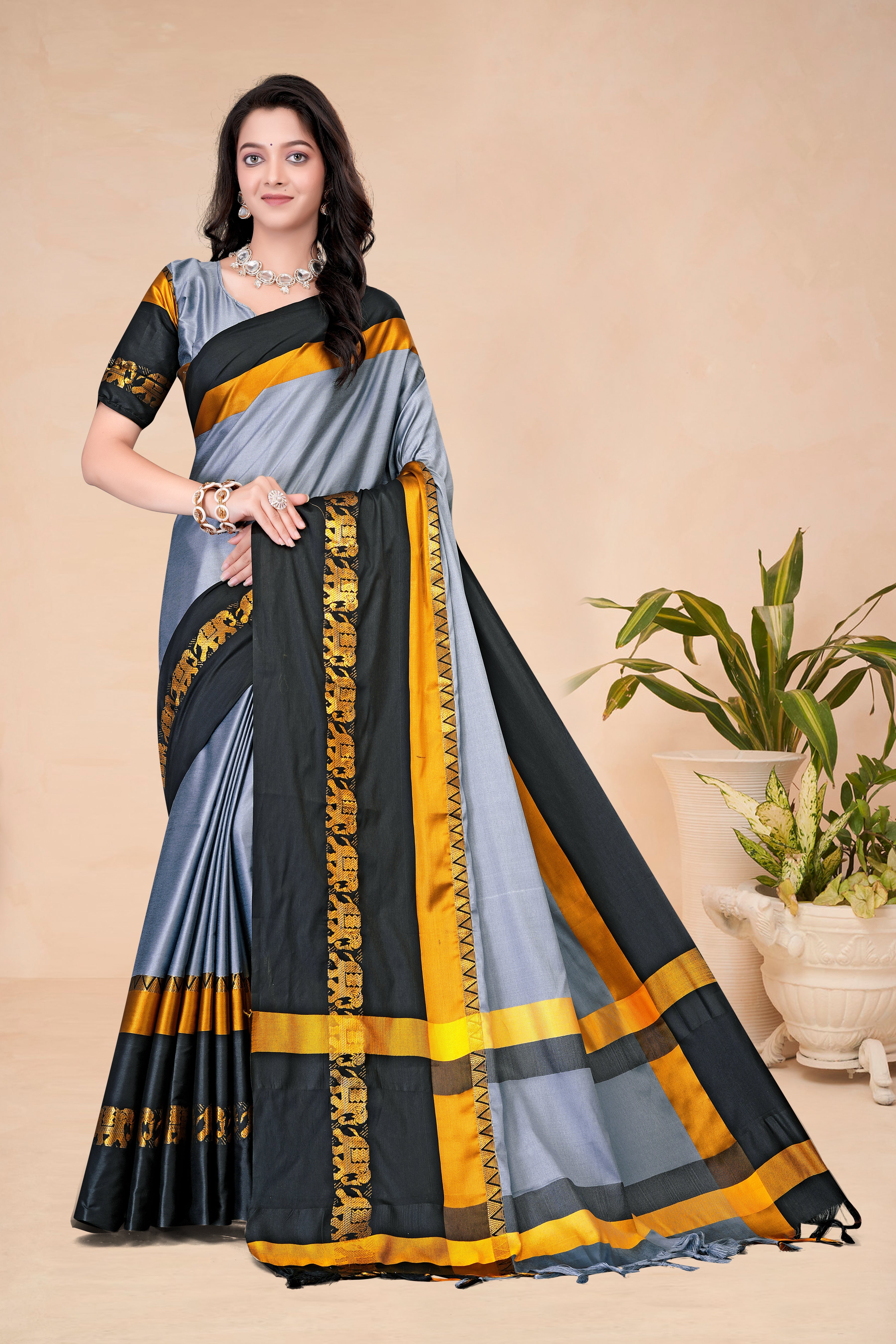 Steel Grey & Black Hathi Design (Elephant) Cotton Silk Saree