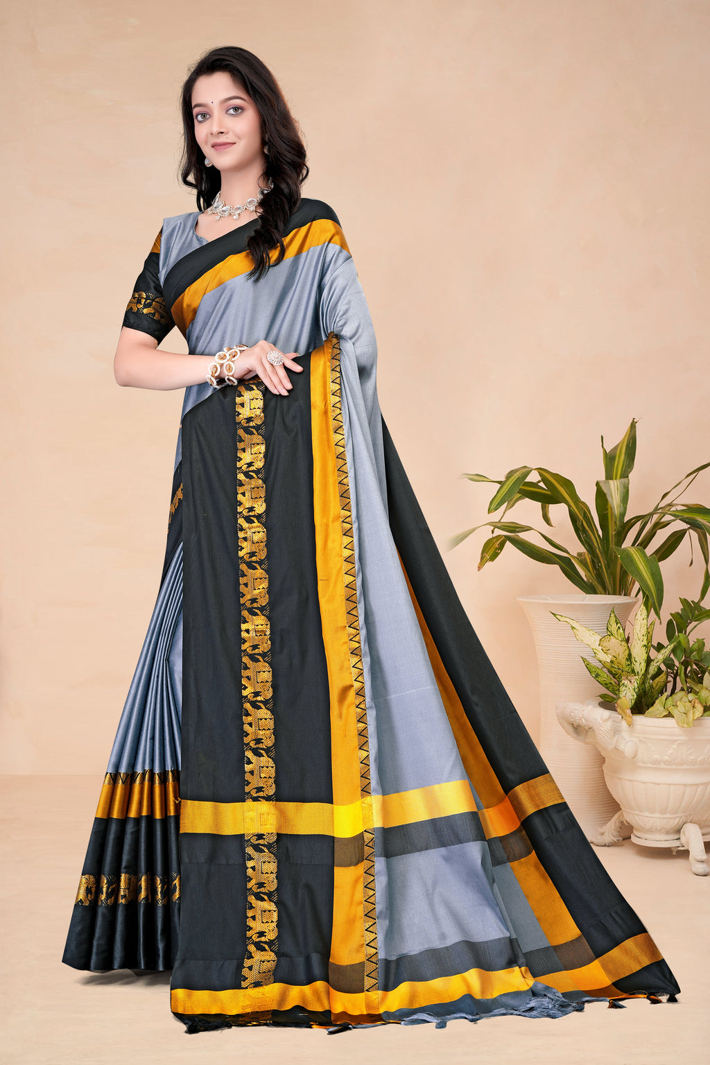 Steel Grey & Black Hathi Design (Elephant) Cotton Silk Saree
