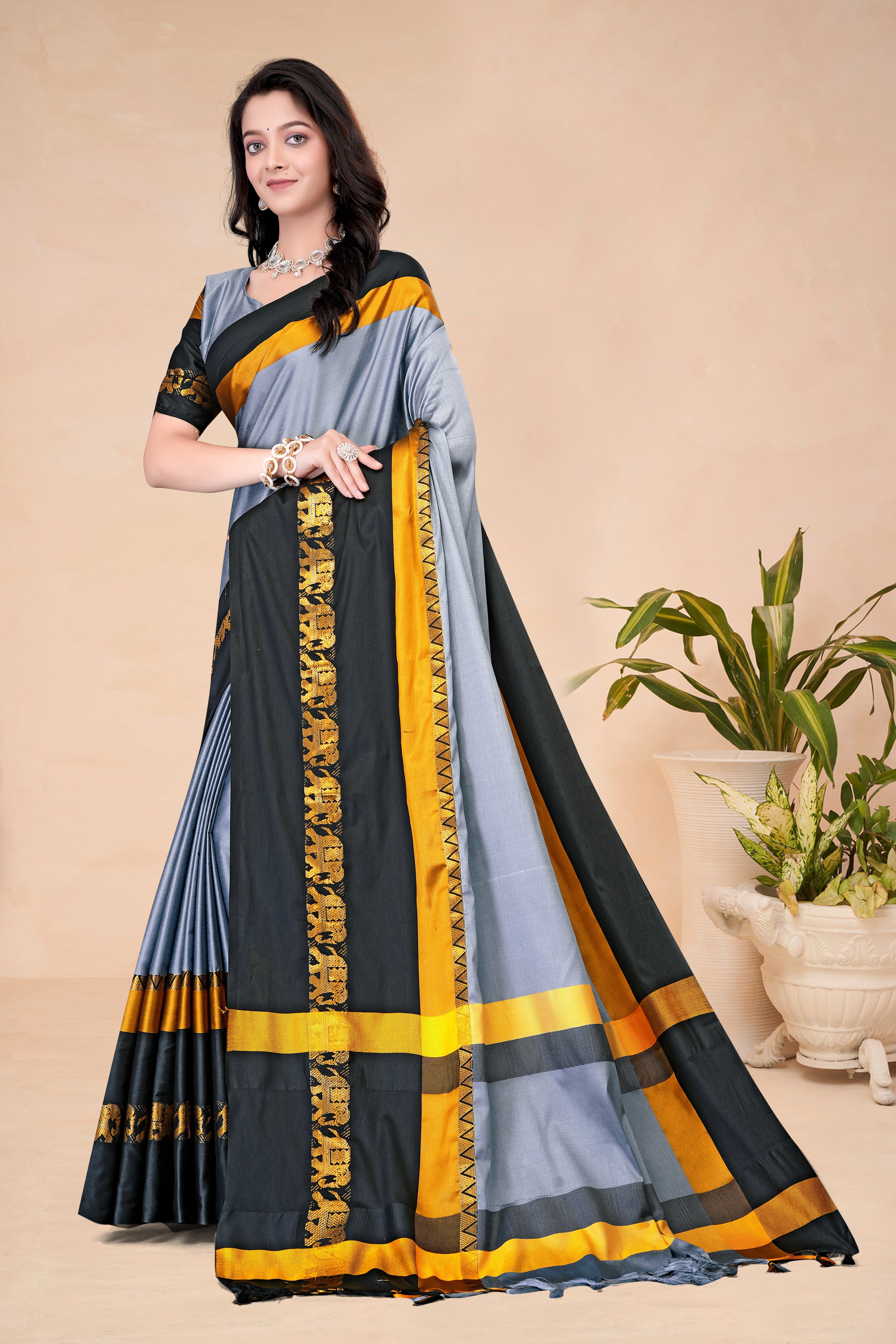 Steel Grey & Black Hathi Design (Elephant) Cotton Silk Saree