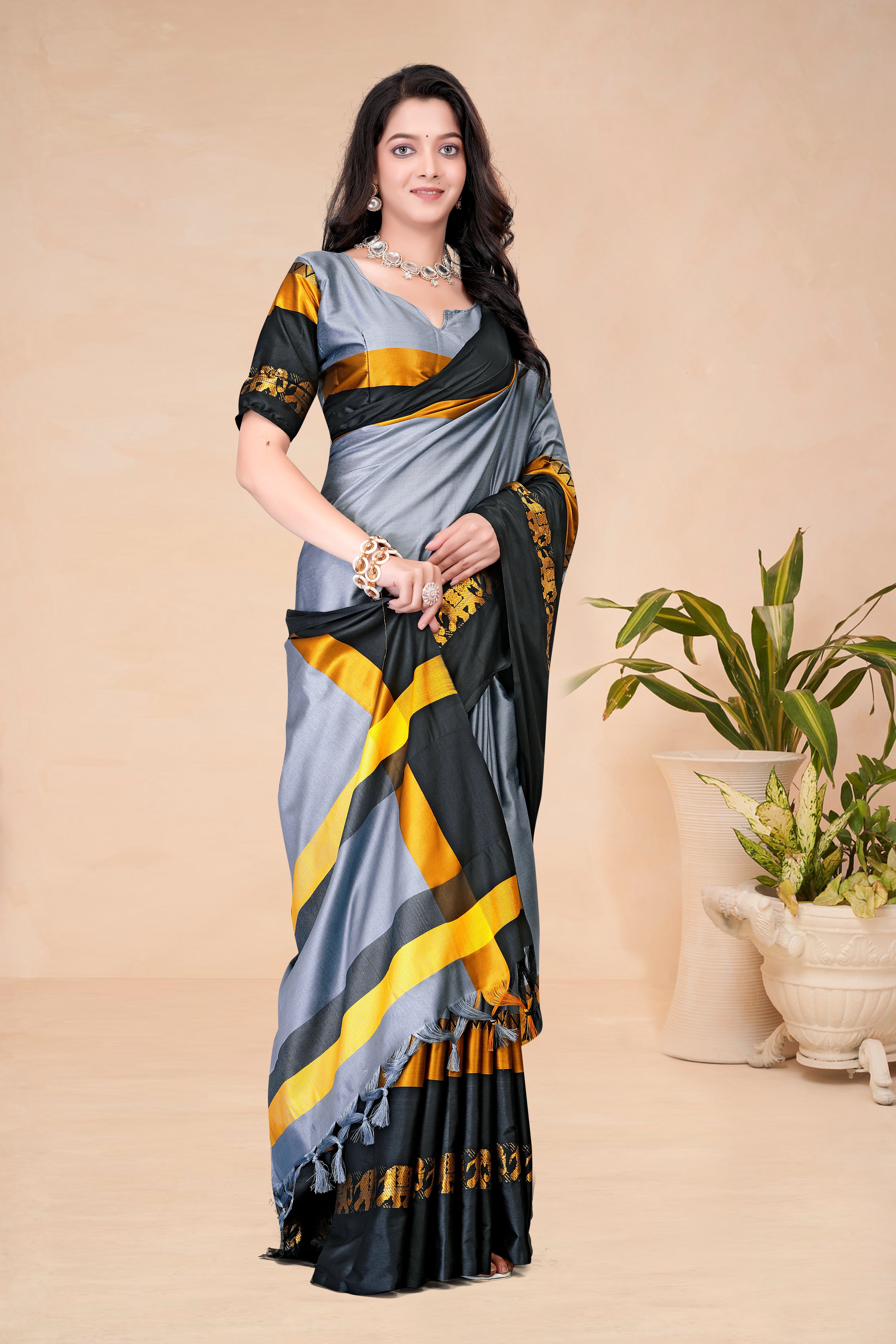 Steel Grey & Black Hathi Design (Elephant) Cotton Silk Saree