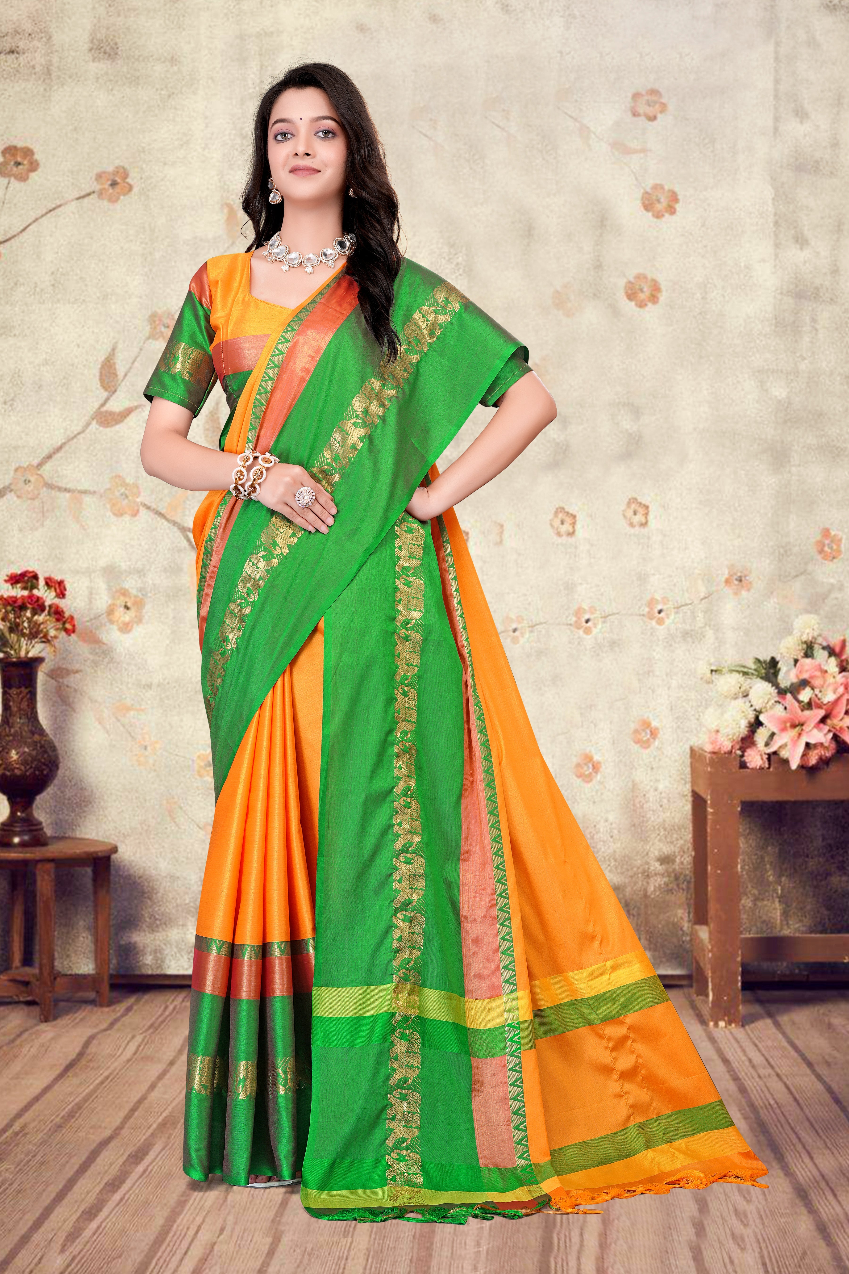 Turmeric Yellow & Green Hathi Design (Elephant) Cotton Silk Saree