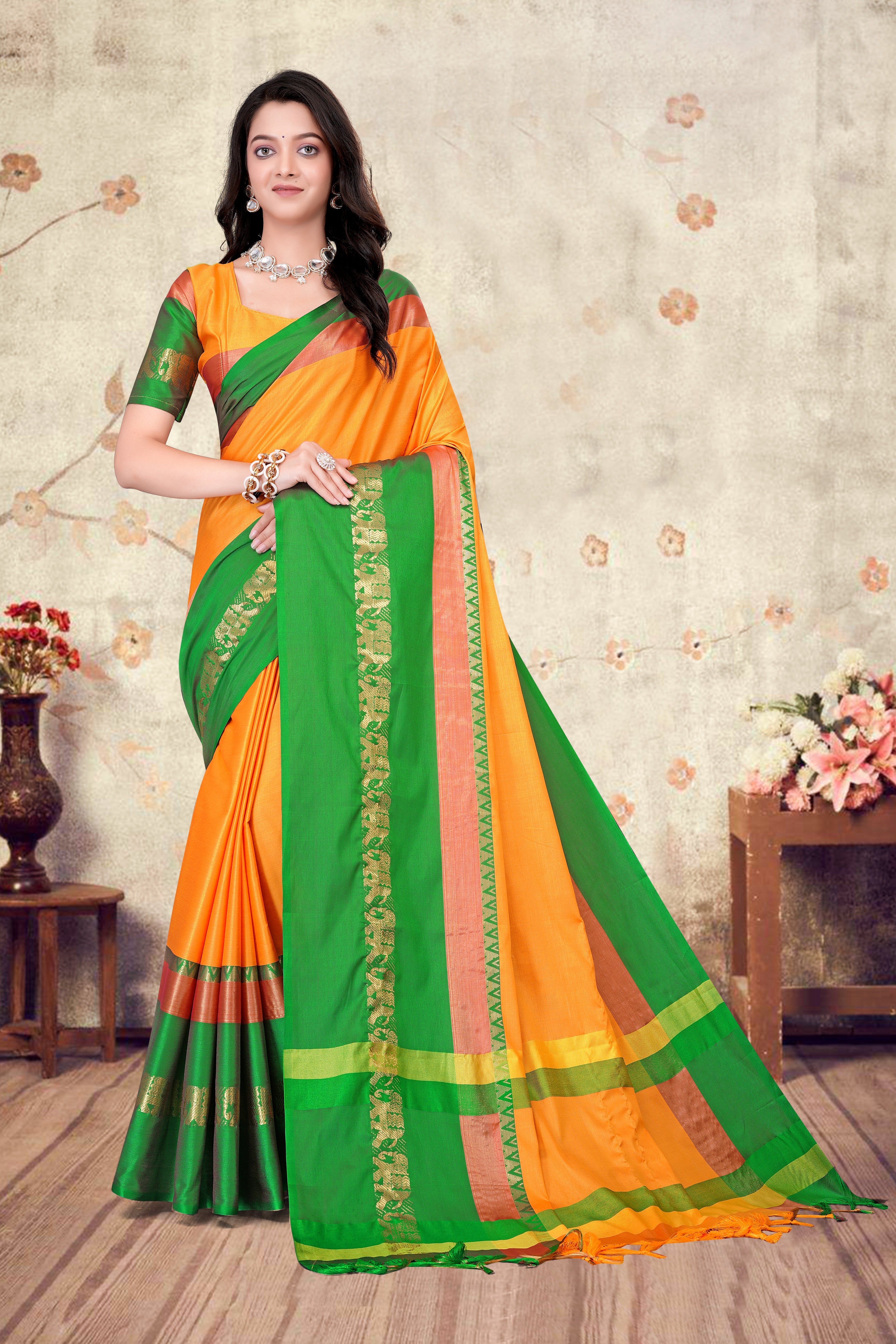Turmeric Yellow & Green Hathi Design (Elephant) Cotton Silk Saree