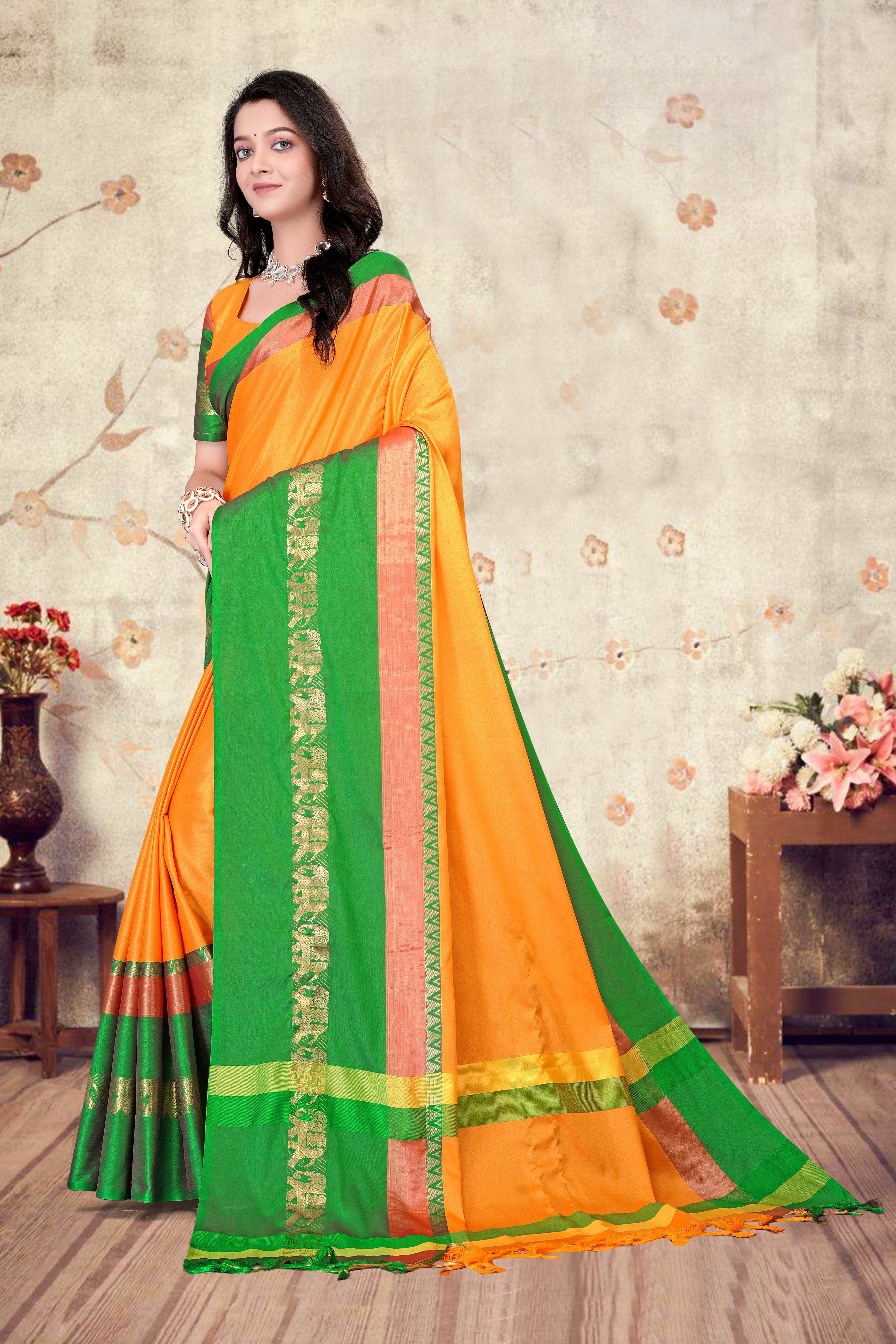 Turmeric Yellow & Green Hathi Design (Elephant) Cotton Silk Saree