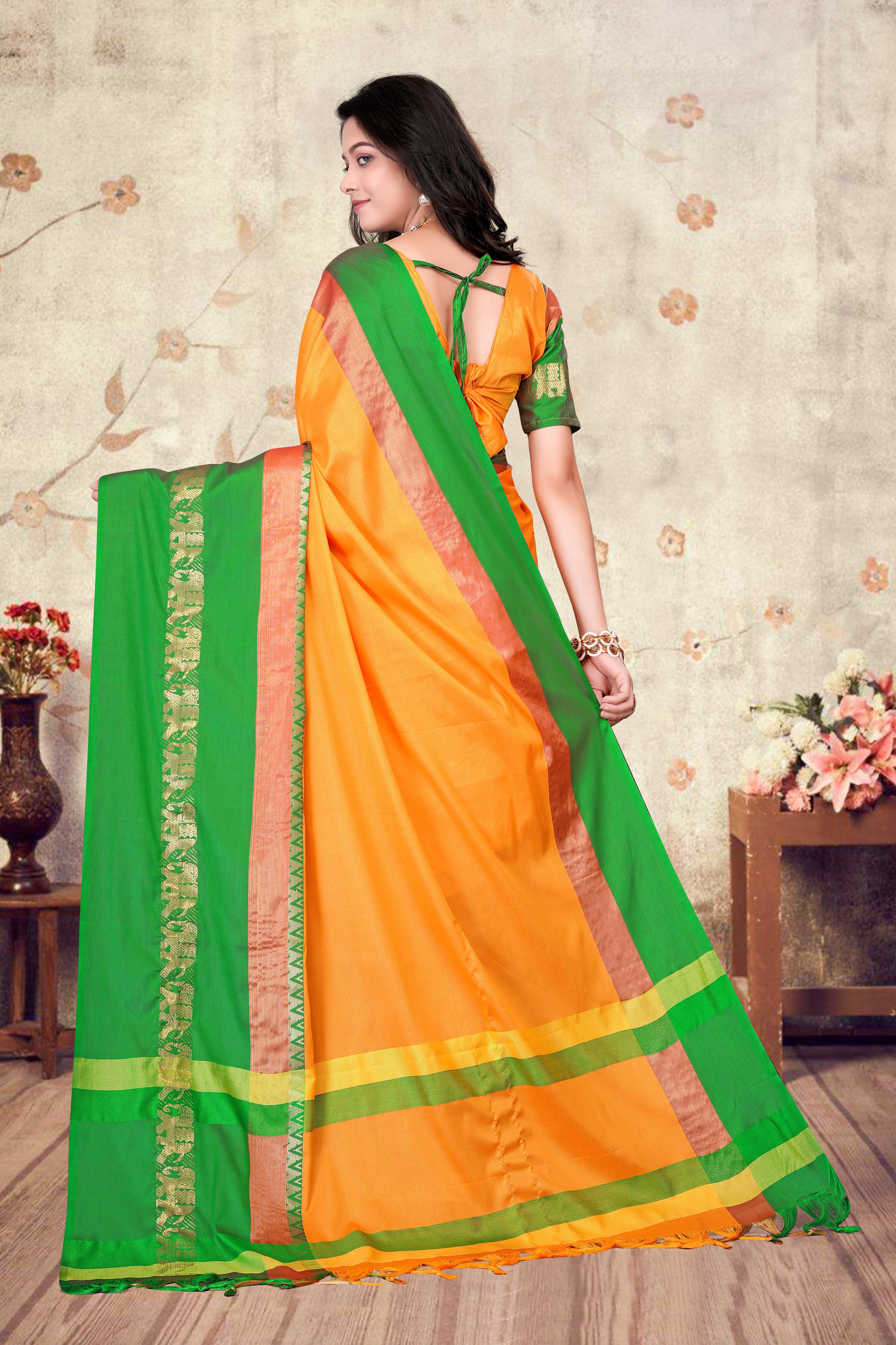 Turmeric Yellow & Green Hathi Design (Elephant) Cotton Silk Saree