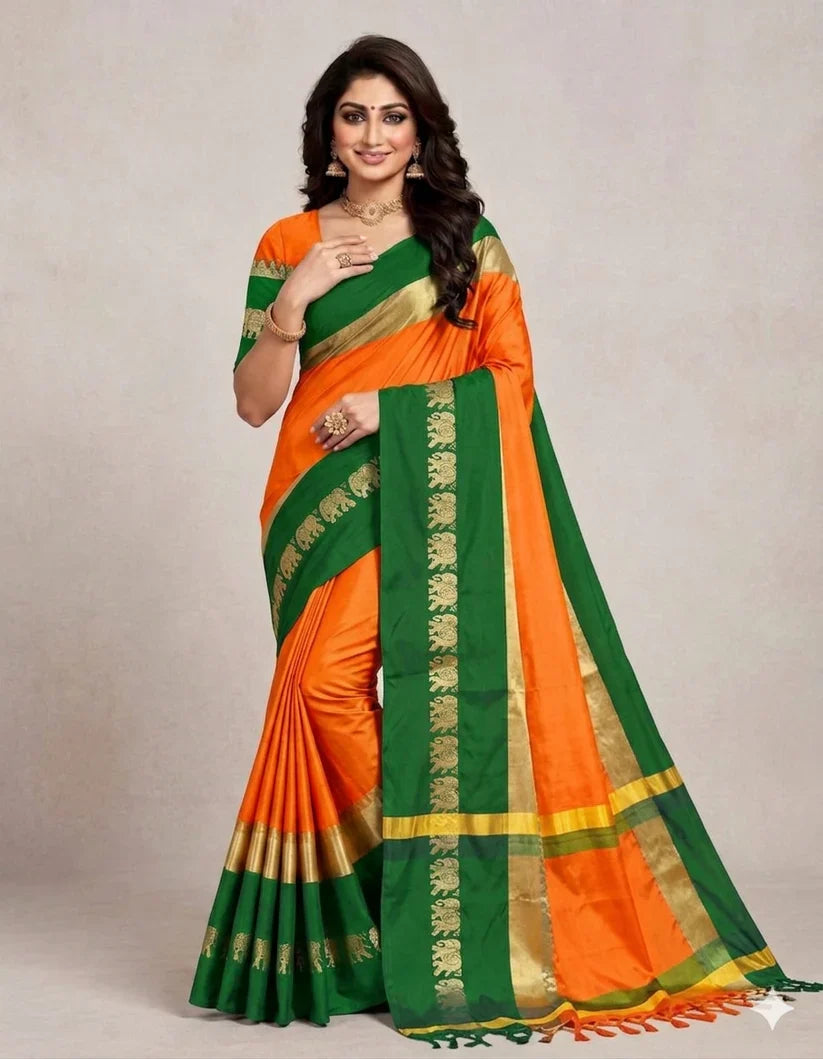 Turmeric Yellow & Green Hathi Design (Elephant) Cotton Silk Saree