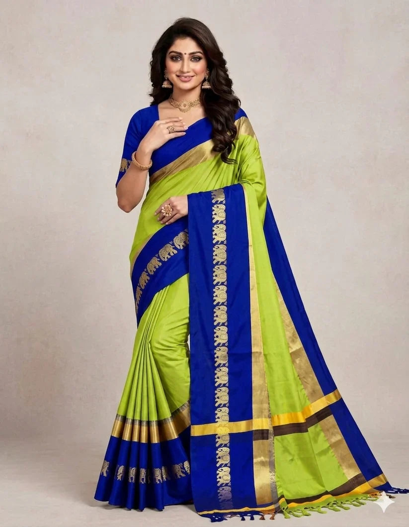 Lemon Yellow & Navy Blue Hathi Design (Elephant) Cotton Silk Saree