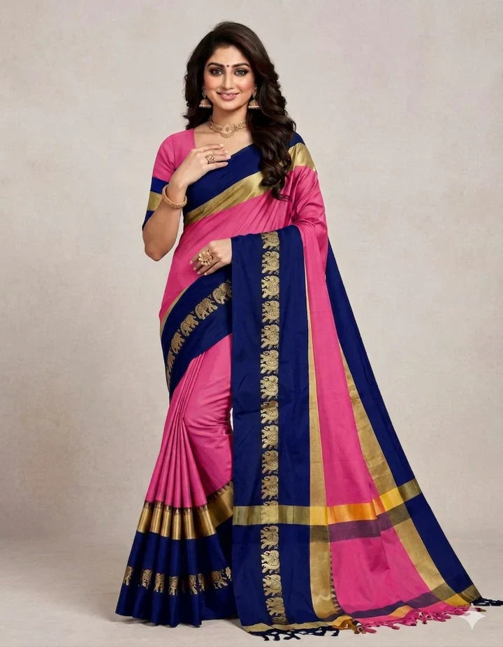 Pink & Navy Blue Hathi Design (Elephant) Cotton Silk Saree