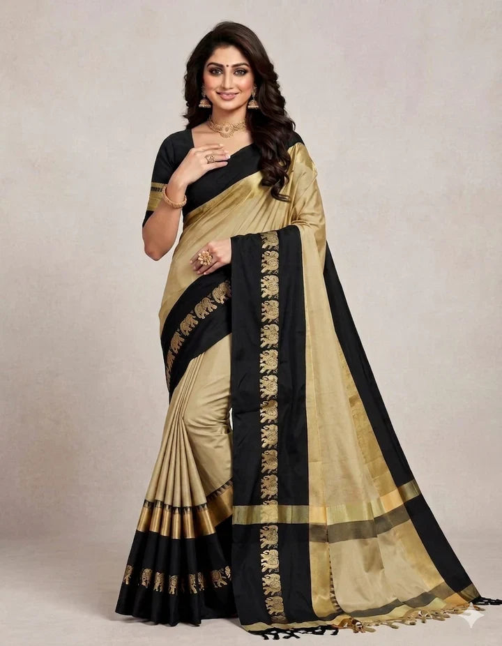 Beige & Black Hathi Design (Elephant) Cotton Silk Saree