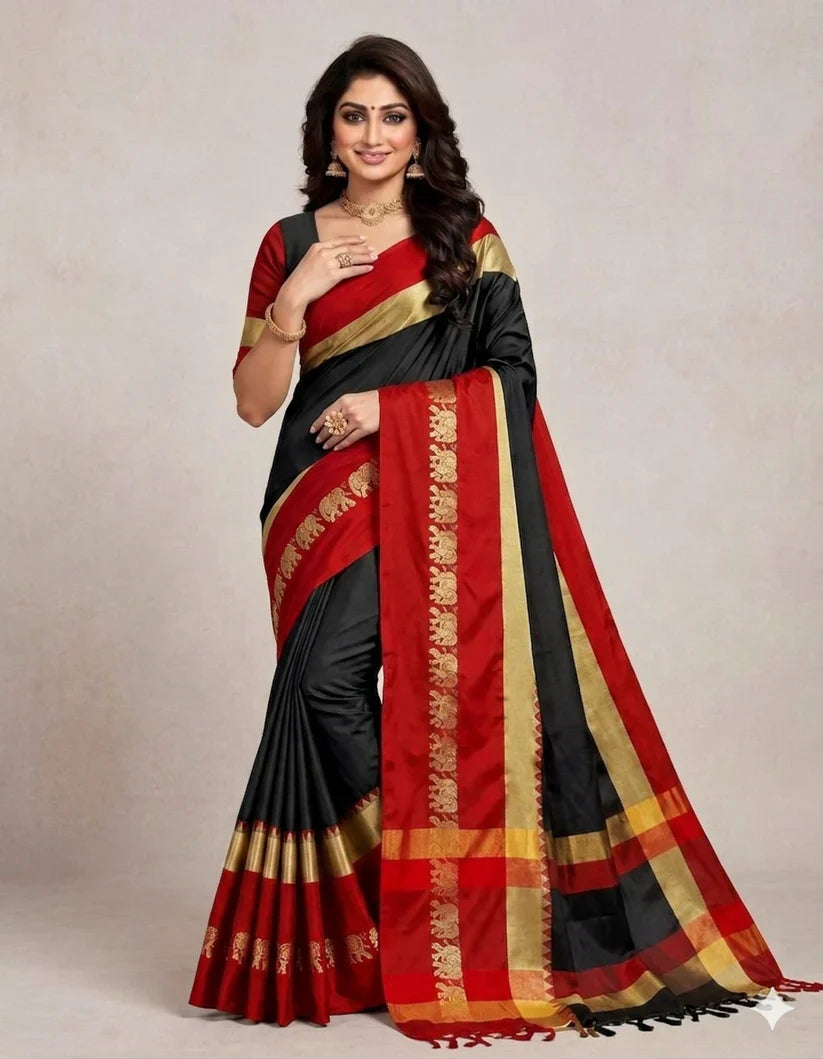 Black & Red Hathi Design (Elephant) Cotton Silk Saree