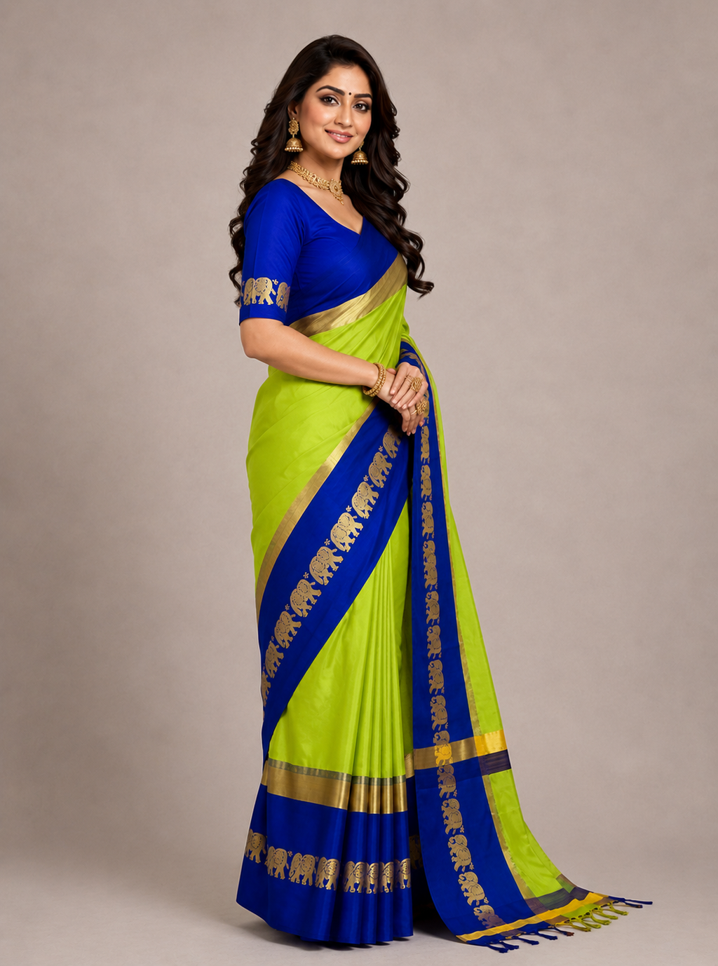Lemon Yellow & Navy Blue Hathi Design (Elephant) Cotton Silk Saree