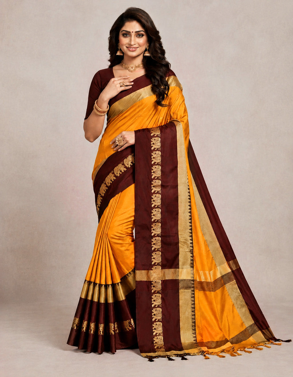 Turmeric Yellow & Coffee Hathi Design (Elephant) Cotton Silk Saree