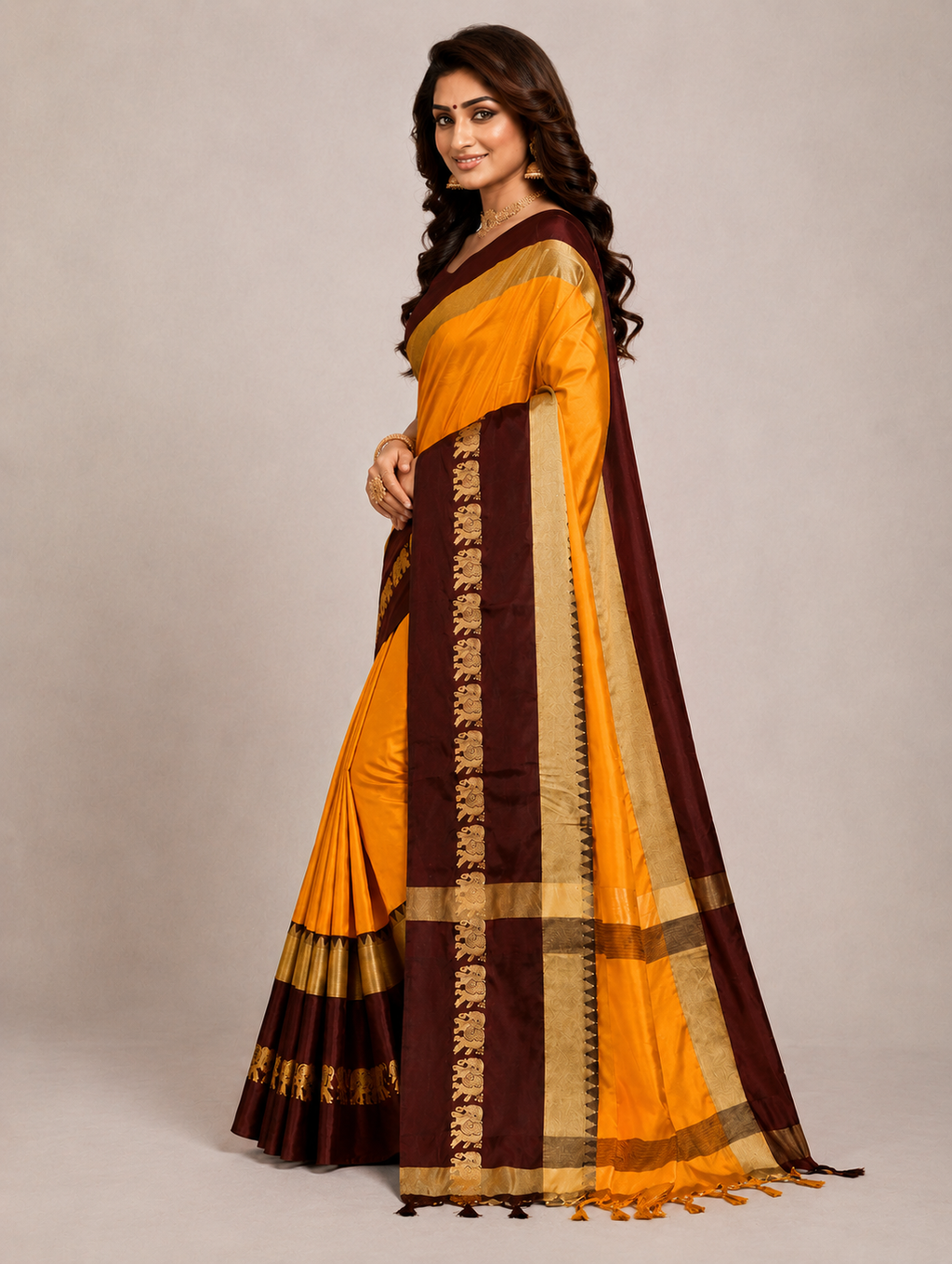 Turmeric Yellow & Coffee Hathi Design (Elephant) Cotton Silk Saree