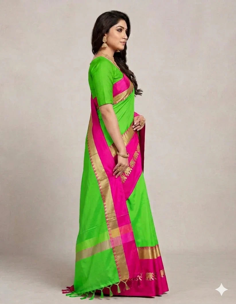 Parrot Green & Pink Rani Hathi Design (Elephant) Cotton Silk Saree