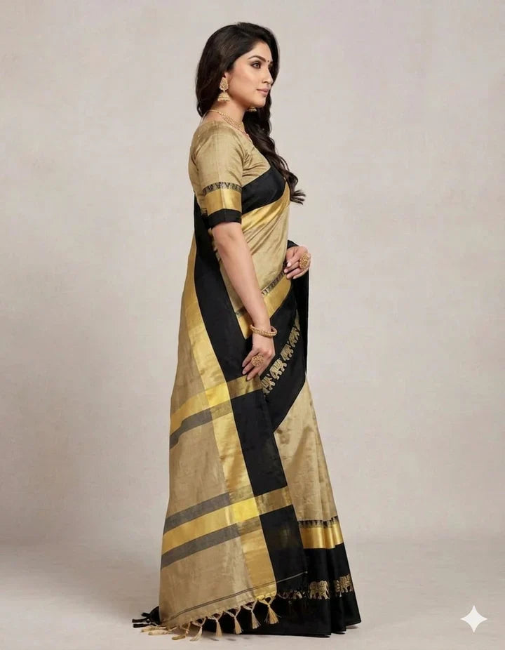 Beige & Black Hathi Design (Elephant) Cotton Silk Saree