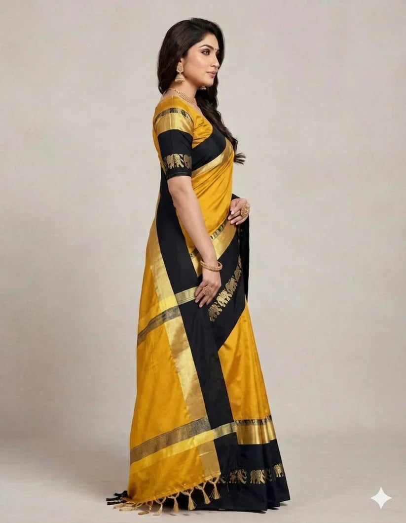 Gold & Black Hathi Design (Elephant) Cotton Silk Saree