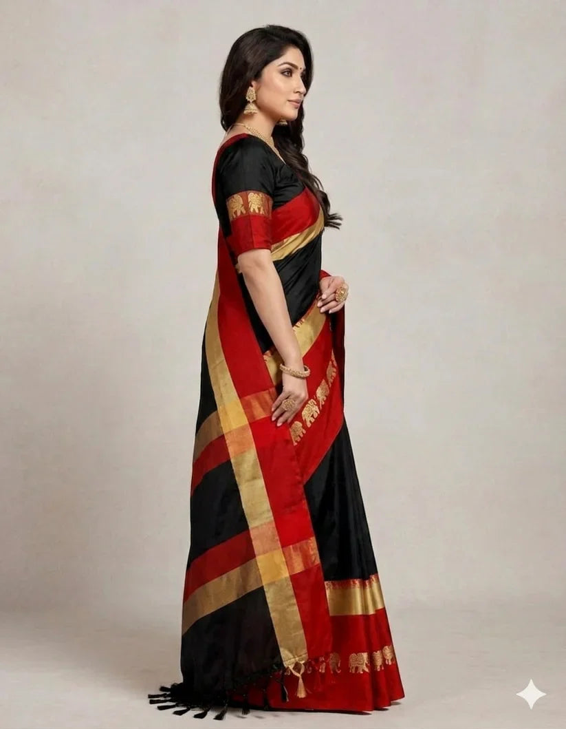 Black & Red Hathi Design (Elephant) Cotton Silk Saree