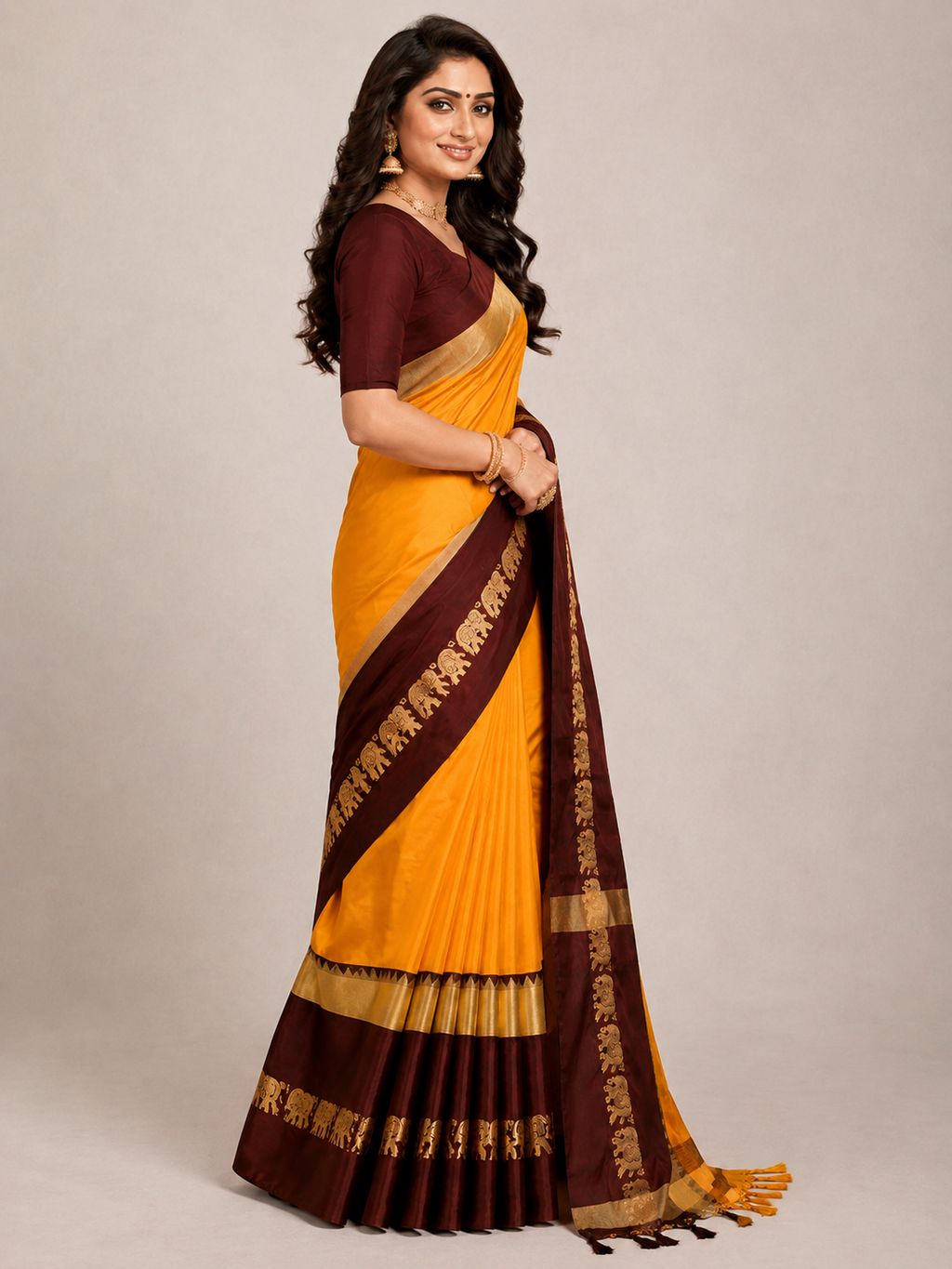 Turmeric Yellow & Coffee Hathi Design (Elephant) Cotton Silk Saree