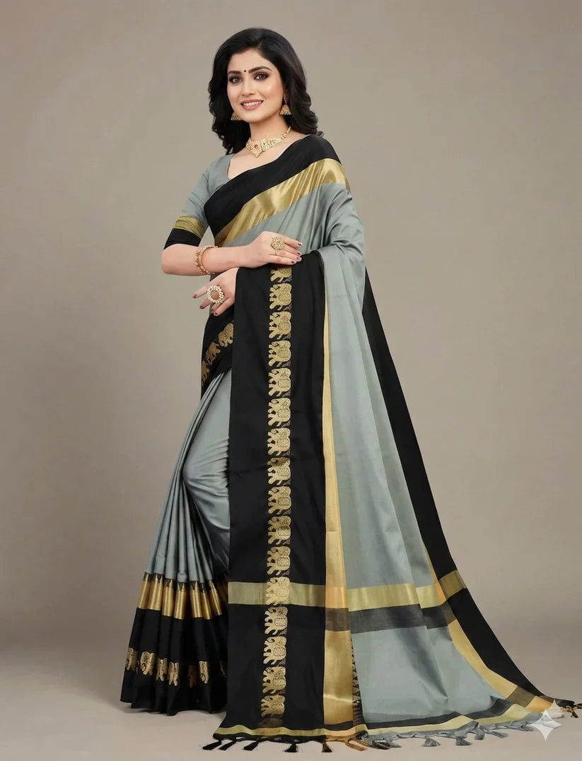 Steel Grey & Black Hathi Design (Elephant) Cotton Silk Saree