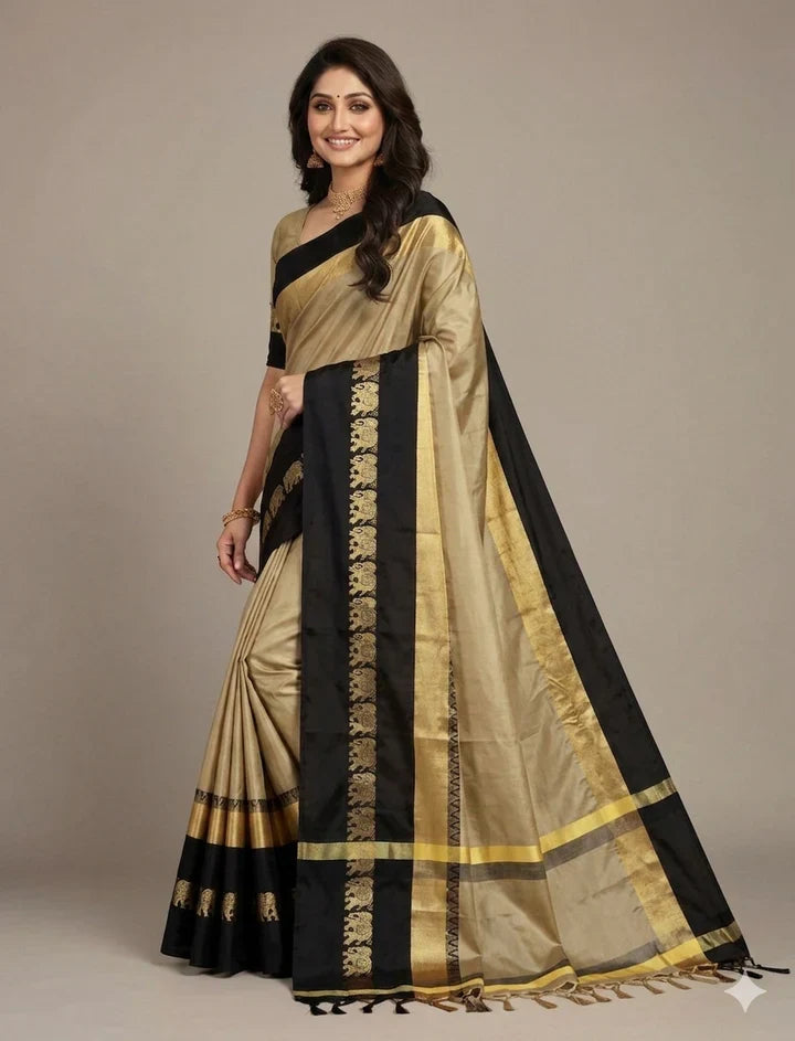 Beige & Black Hathi Design (Elephant) Cotton Silk Saree