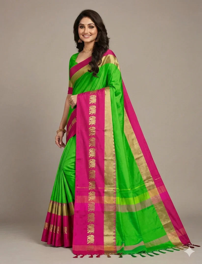 Parrot Green & Pink Rani Hathi Design (Elephant) Cotton Silk Saree