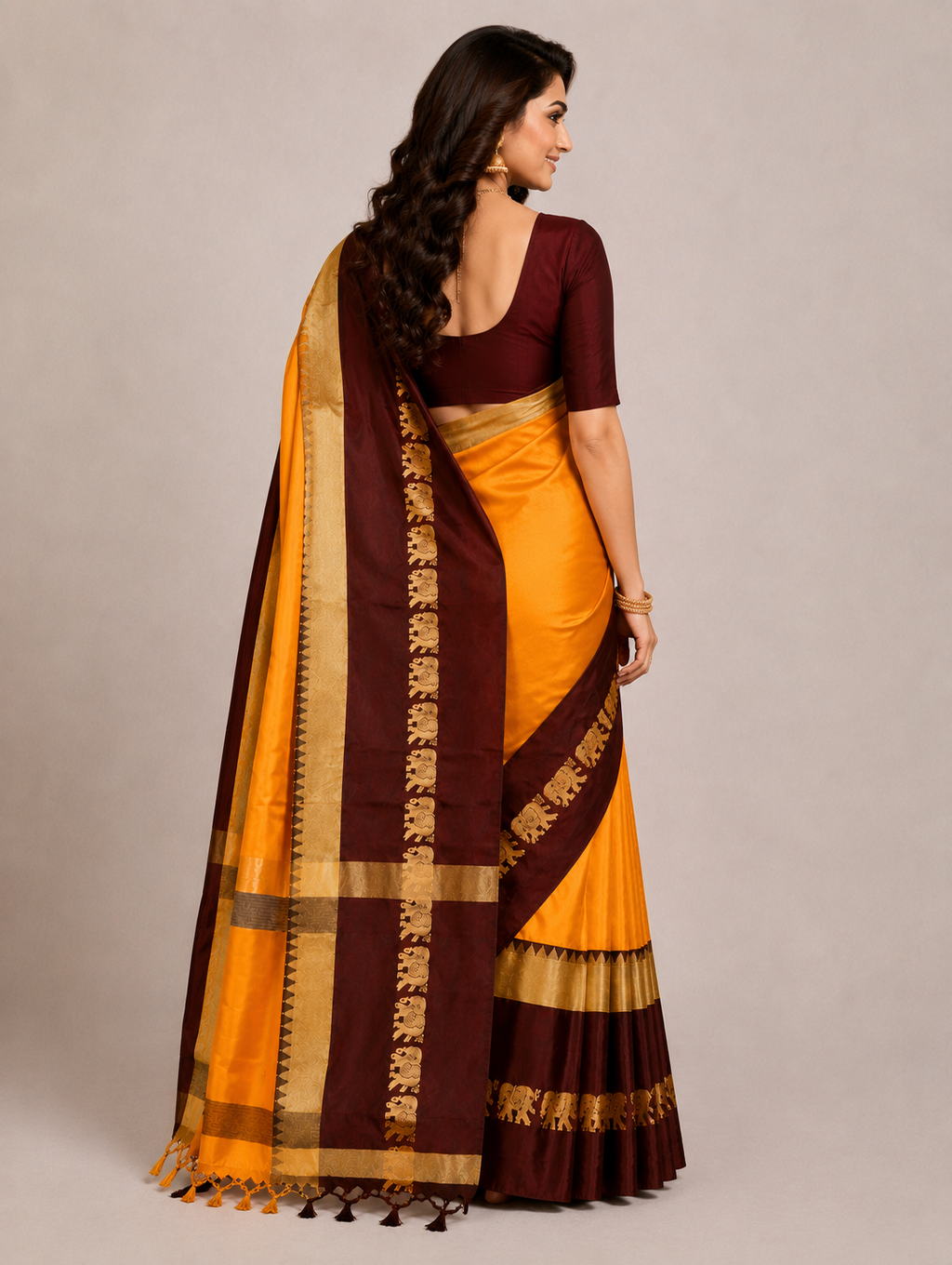 Turmeric Yellow & Coffee Hathi Design (Elephant) Cotton Silk Saree