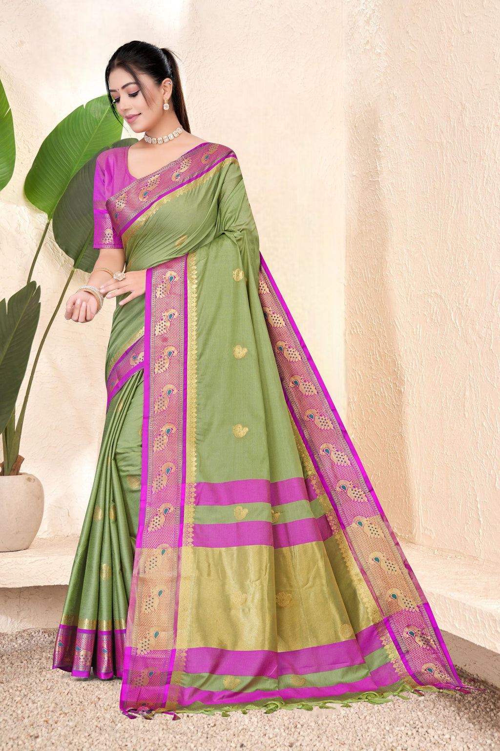 Pista & Rani Peacock Design Cotton Silk Saree with Running Blouse Piece – Premium Ethnic Wear | Moonixa