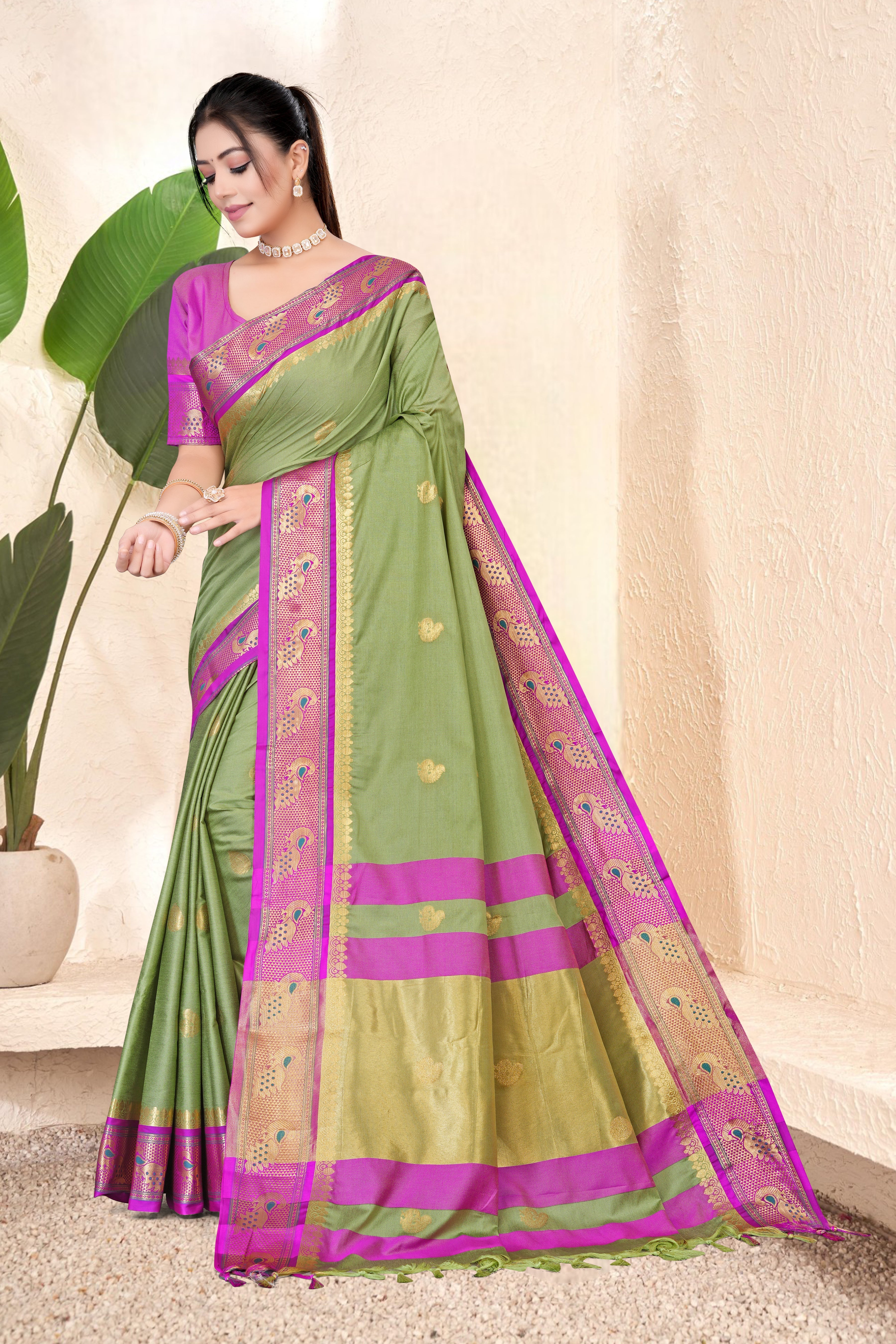 Pista & Rani Peacock Design Cotton Silk Saree with Running Blouse Piece – Premium Ethnic Wear | Moonixa
