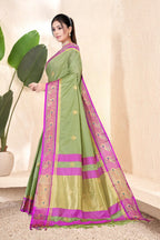 Pista & Rani Peacock Design Cotton Silk Saree with Running Blouse Piece – Premium Ethnic Wear | Moonixa