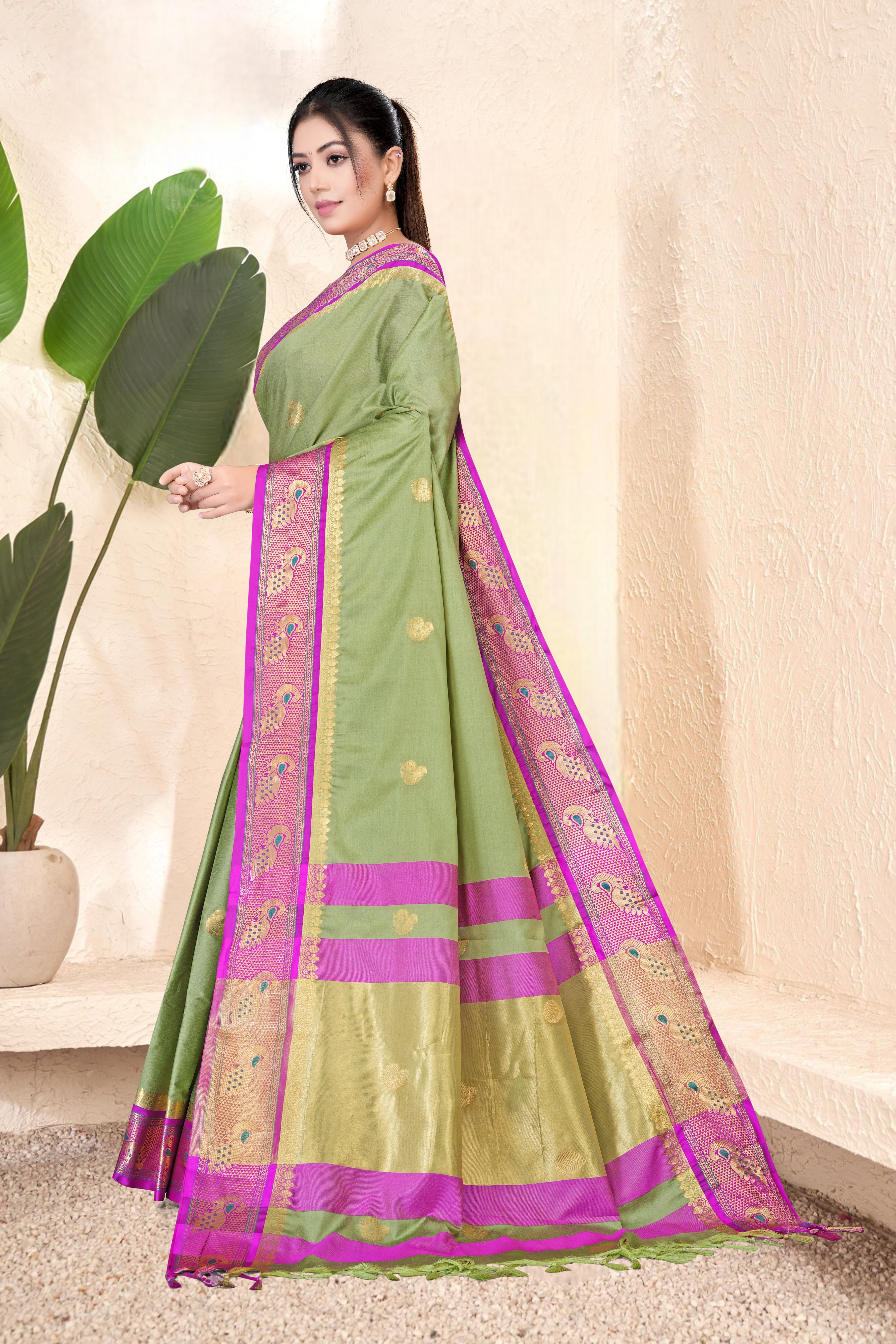 Pista & Rani Peacock Design Cotton Silk Saree with Running Blouse Piece – Premium Ethnic Wear | Moonixa