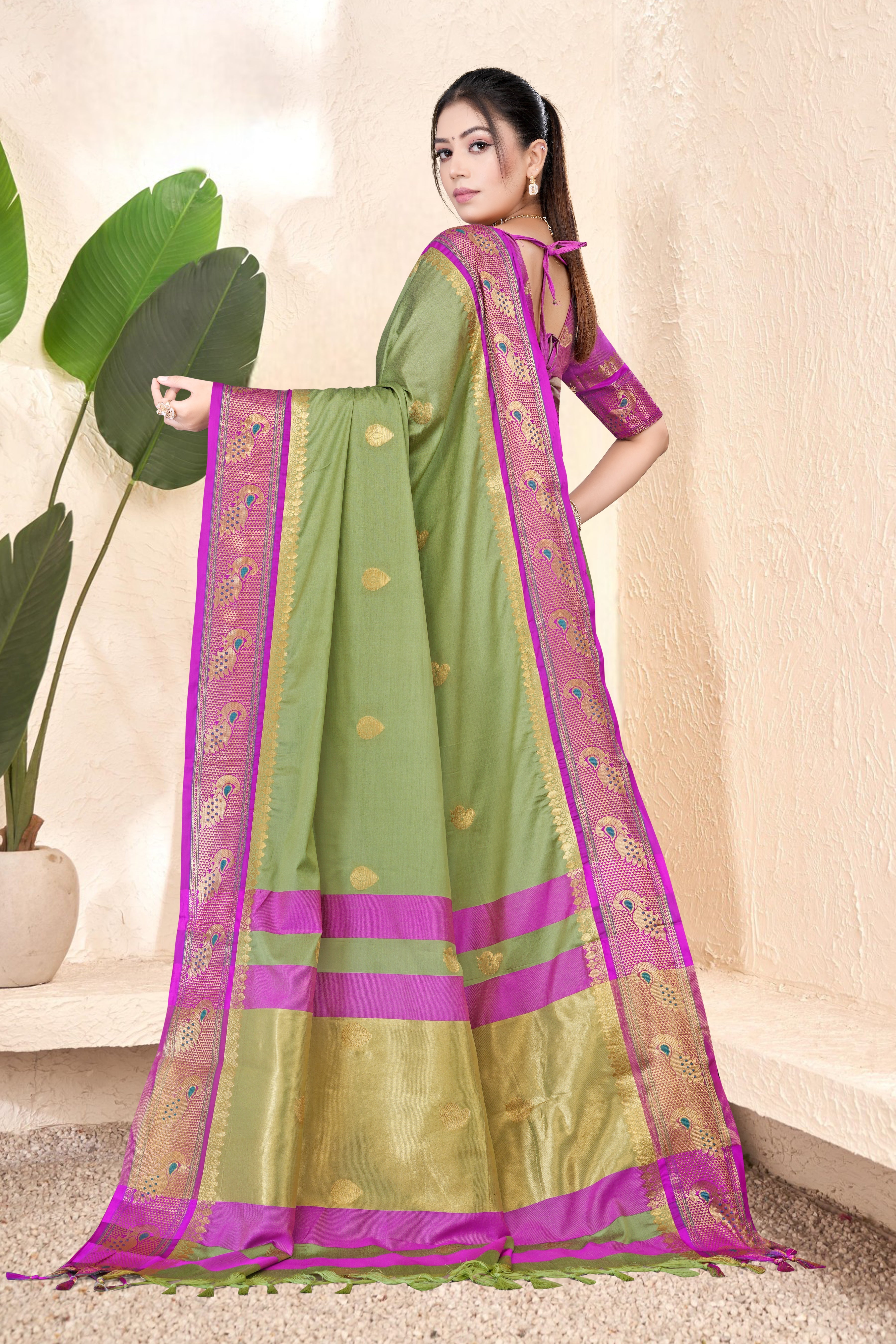 Pista & Rani Peacock Design Cotton Silk Saree with Running Blouse Piece – Premium Ethnic Wear | Moonixa