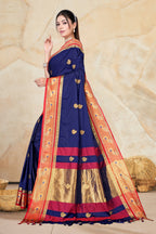 Navy Blue & Red Peacock Design Cotton Silk Saree with Running Blouse Piece – Premium Ethnic Wear | Moonixa