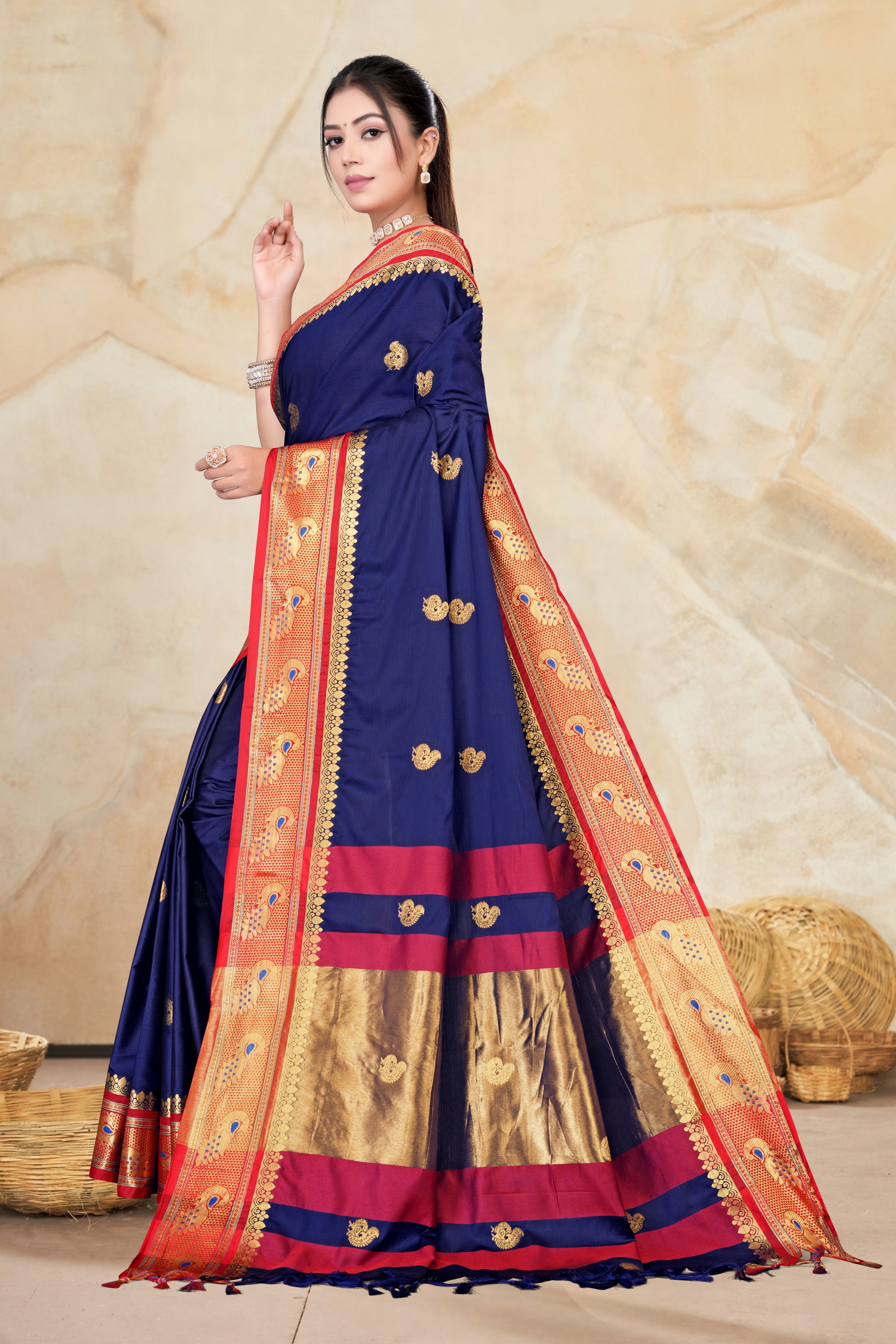 Navy Blue & Red Peacock Design Cotton Silk Saree with Running Blouse Piece – Premium Ethnic Wear | Moonixa