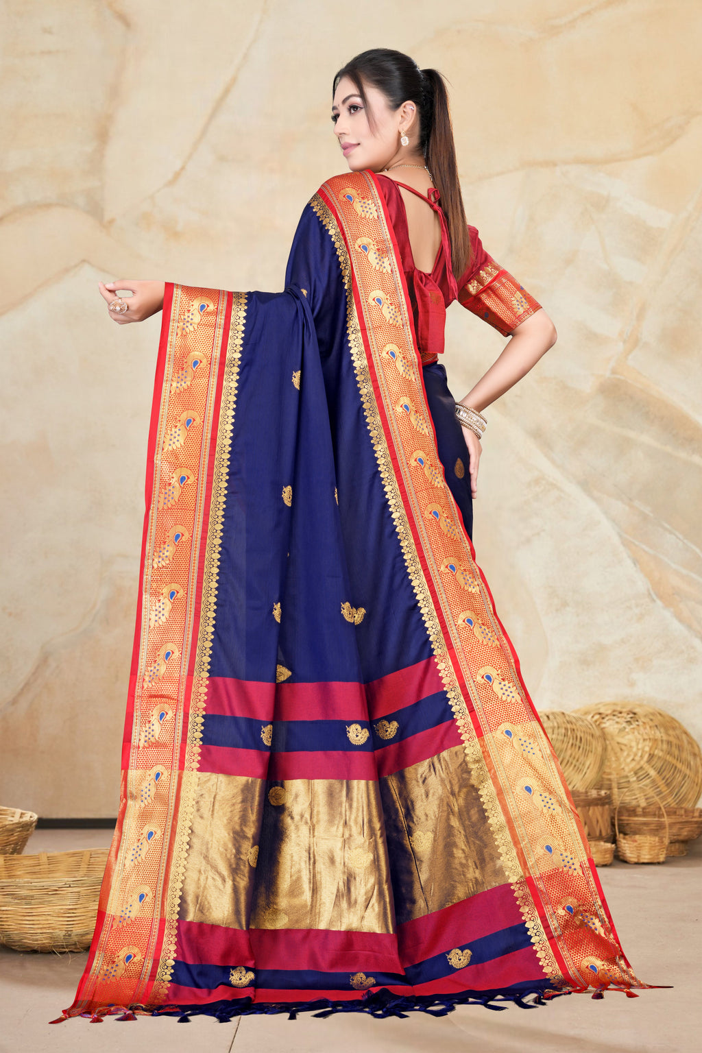 Navy Blue & Red Peacock Design Cotton Silk Saree with Running Blouse Piece – Premium Ethnic Wear | Moonixa