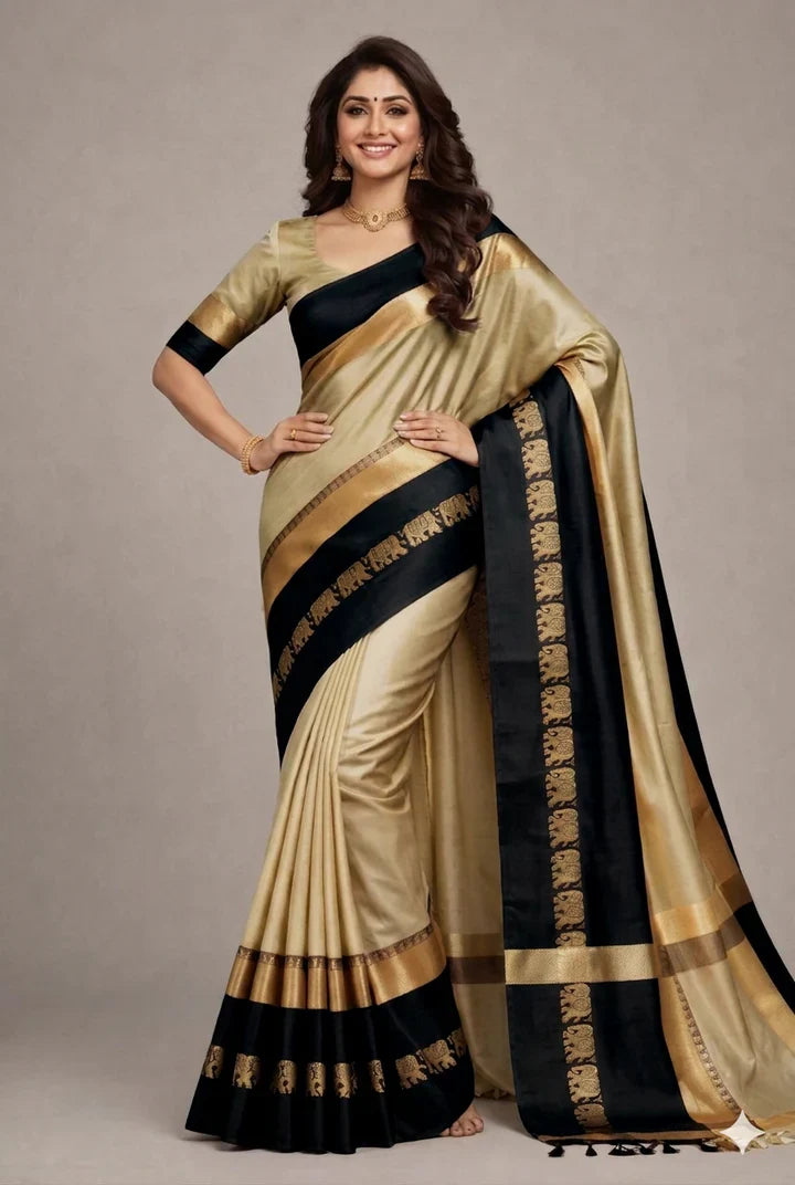 Beige & Black Hathi Design (Elephant) Cotton Silk Saree