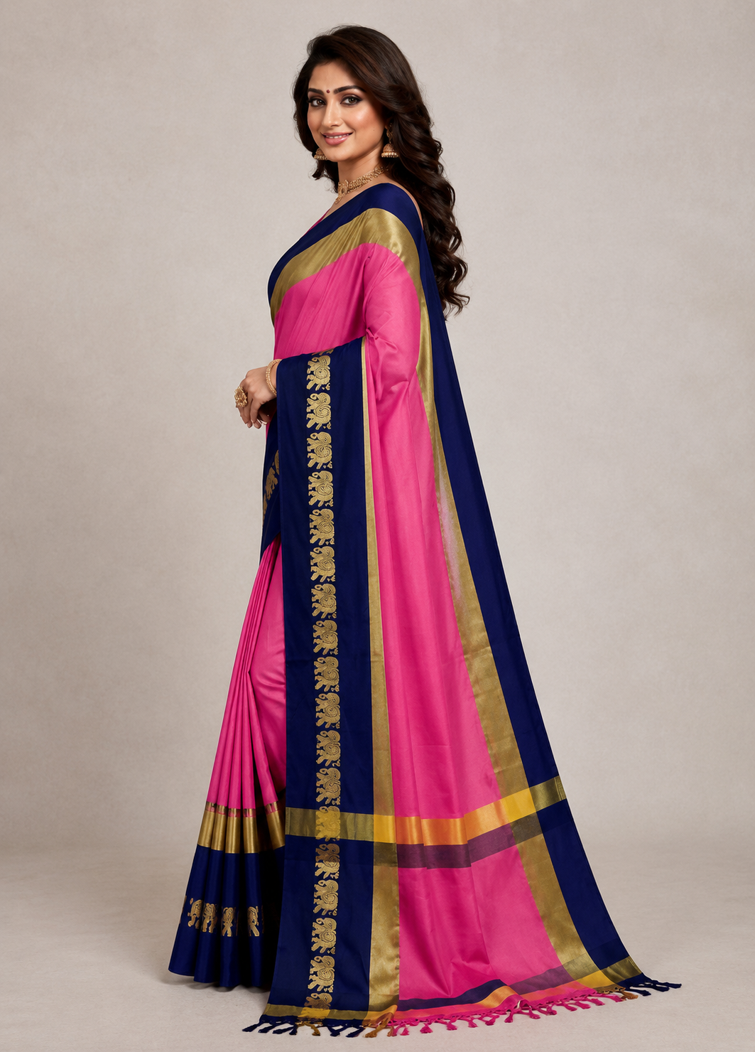 Pink & Navy Blue Hathi Design (Elephant) Cotton Silk Saree