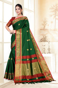 Bottle Green & Red Peacock Design Cotton Silk Saree with Running Blouse Piece – Premium Ethnic Wear | Moonixa