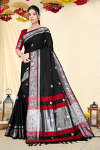 Black Self With Silver Zari Peacock Design Cotton Silk Saree with Running Blouse Piece – Premium Ethnic Wear | Moonixa