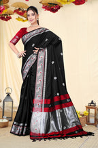 Black Self With Silver Zari Peacock Design Cotton Silk Saree with Running Blouse Piece – Premium Ethnic Wear | Moonixa