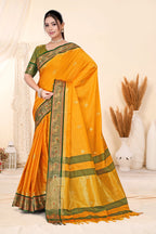 Gold & Green Peacock Design Cotton Silk Saree with Running Blouse Piece – Premium Ethnic Wear | Moonixa