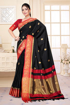 Black & Red Peacock Design Cotton Silk Saree with Running Blouse Piece – Premium Ethnic Wear | Moonixa