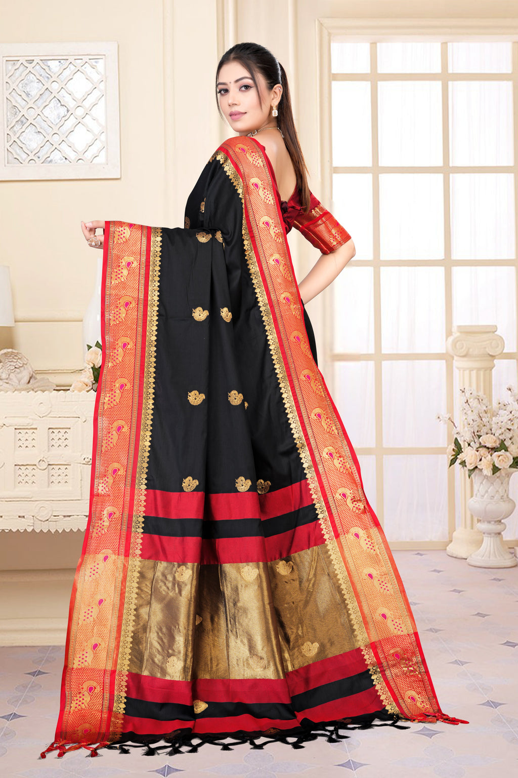 Black & Red Peacock Design Cotton Silk Saree with Running Blouse Piece – Premium Ethnic Wear | Moonixa