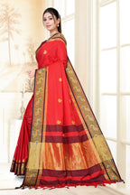 Red & Black Peacock Design Cotton Silk Saree with Running Blouse Piece – Premium Ethnic Wear | Moonixa