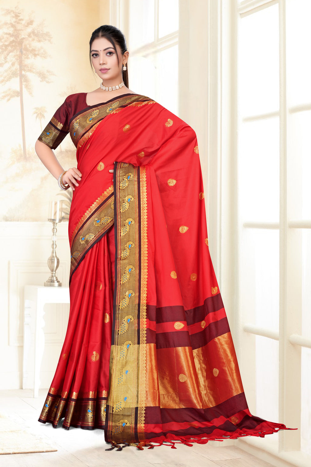 Red & Black Peacock Design Cotton Silk Saree with Running Blouse Piece – Premium Ethnic Wear | Moonixa