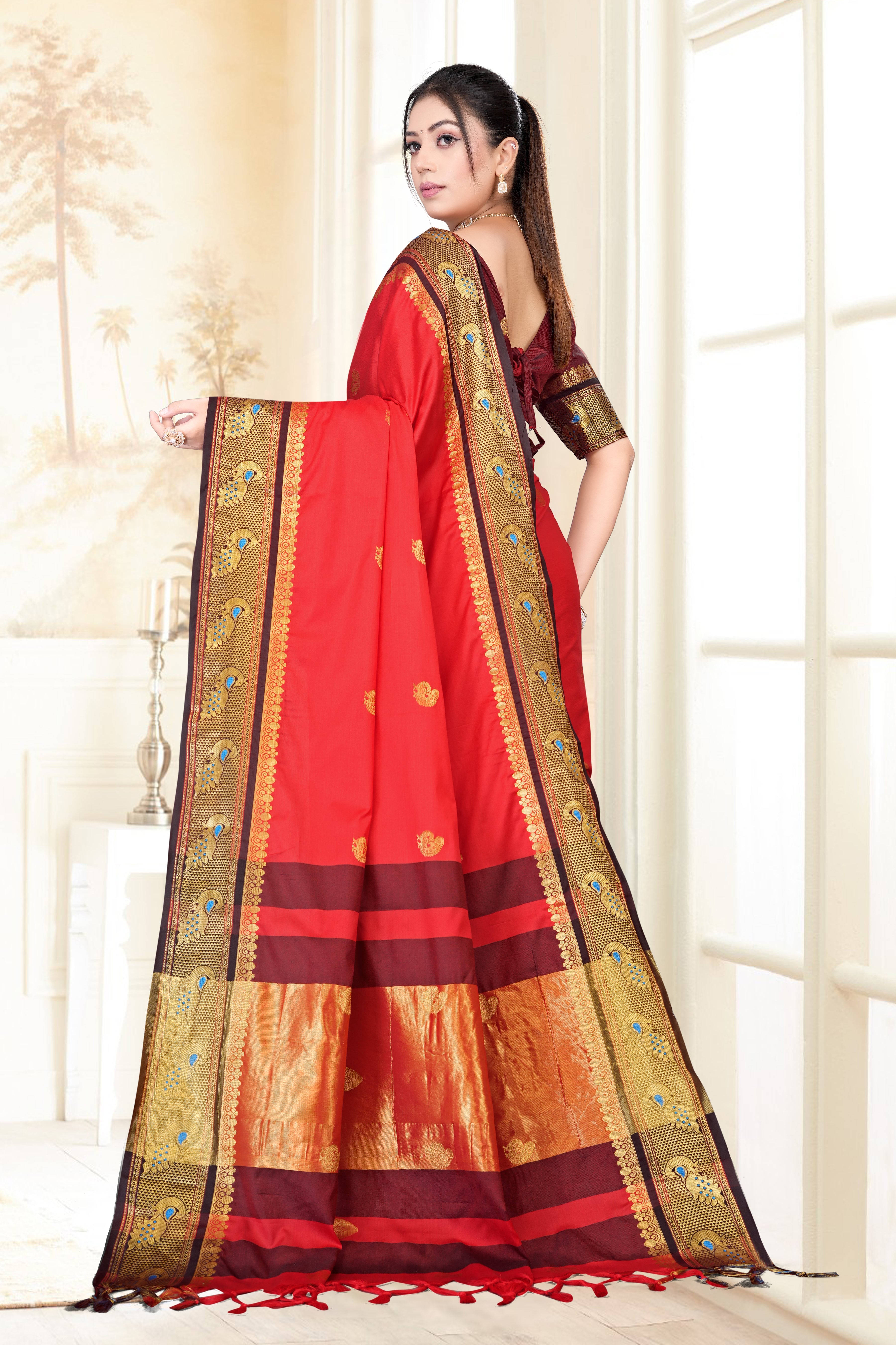 Red & Black Peacock Design Cotton Silk Saree with Running Blouse Piece – Premium Ethnic Wear | Moonixa