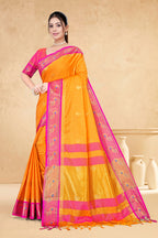 Gold & Rani Peacock Design Cotton Silk Saree with Running Blouse Piece – Premium Ethnic Wear | Moonixa