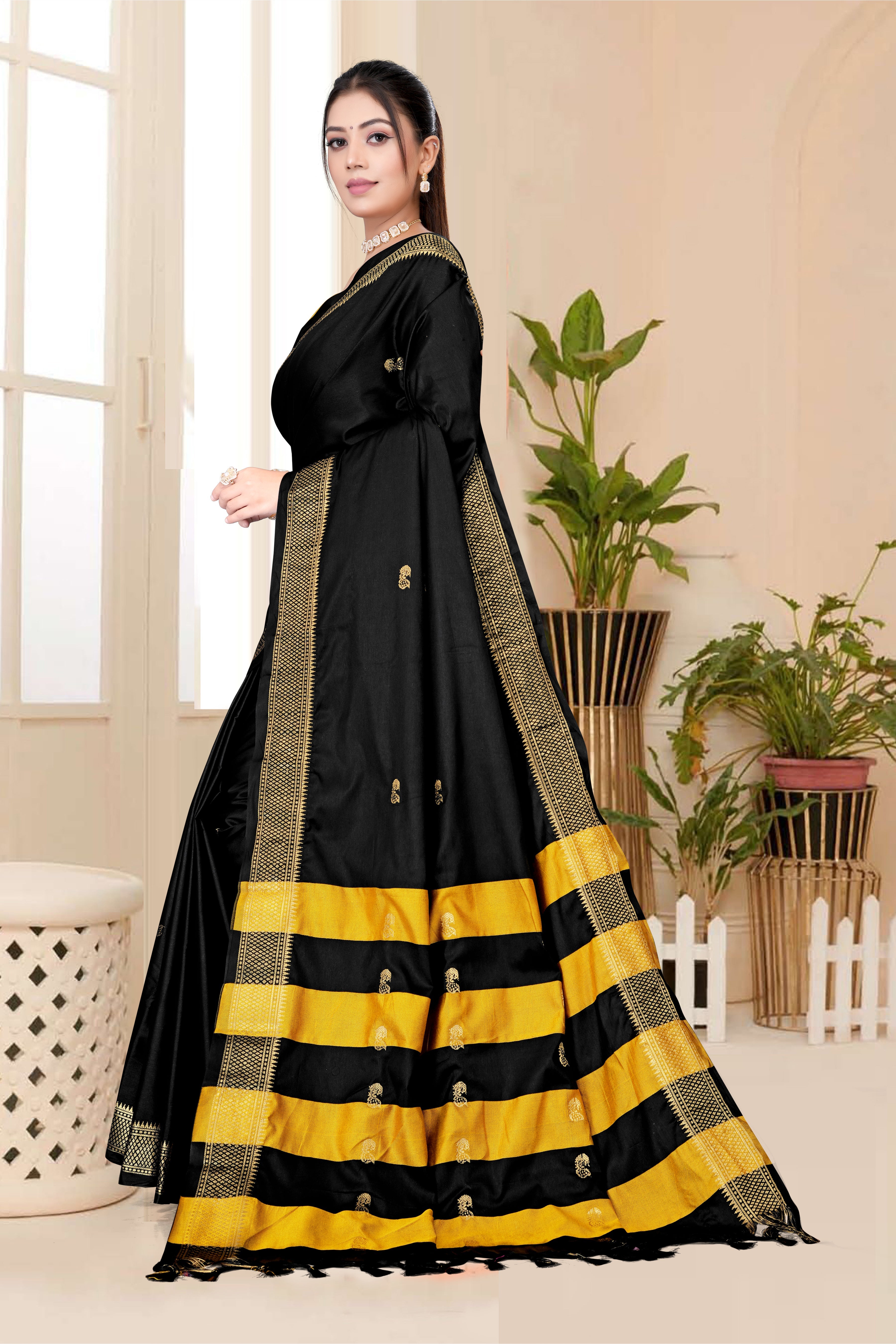 Black Self Golden Zari Pink Paithani Cotton Silk Saree