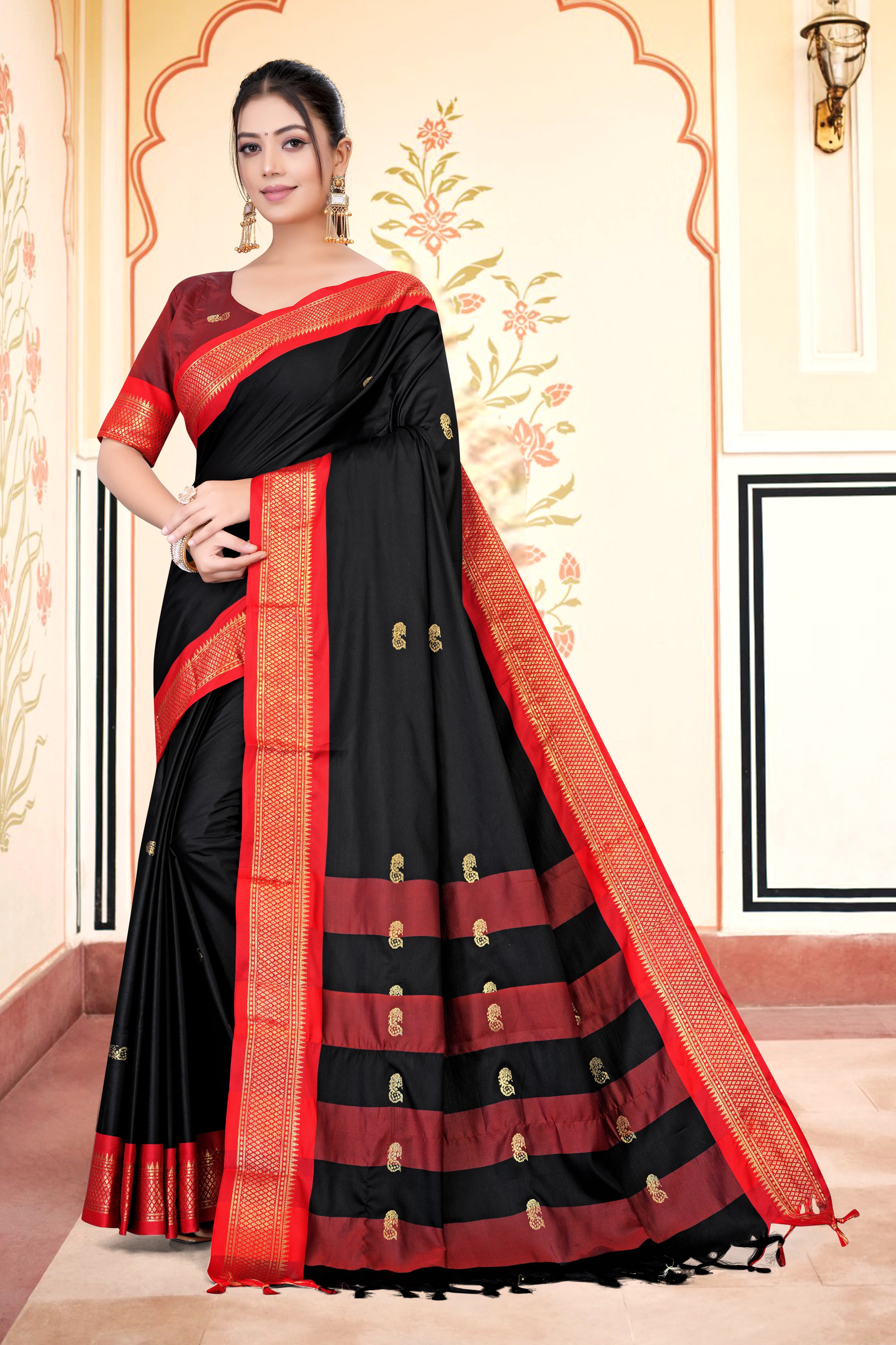 Black & Red Paithani Cotton Silk Saree